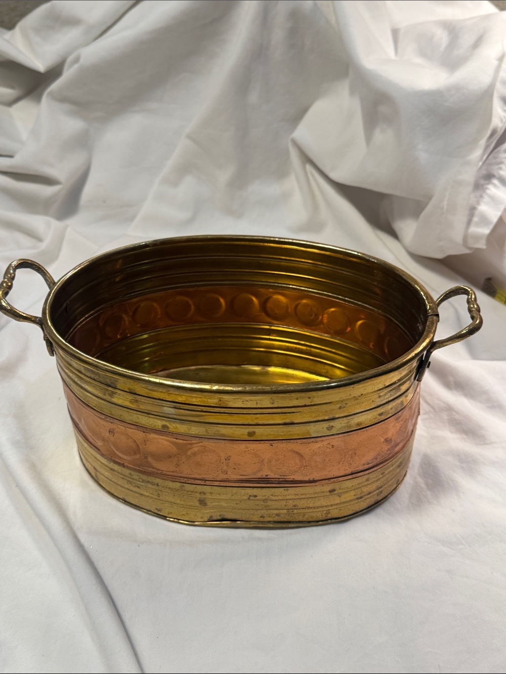 Vintage Brass and Copper Oval Planter with Handles